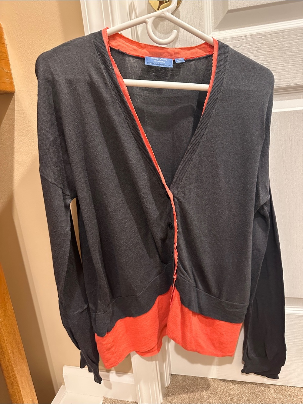 Simply Vera Vera Wang Charcoal Gray and Coral Pink Colorblock Cardigan